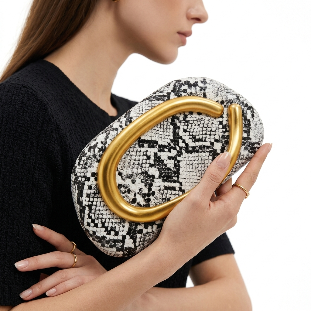 Snakeskin Print Oval Clutch with Sculptural Gold Handle 🐍✨👜