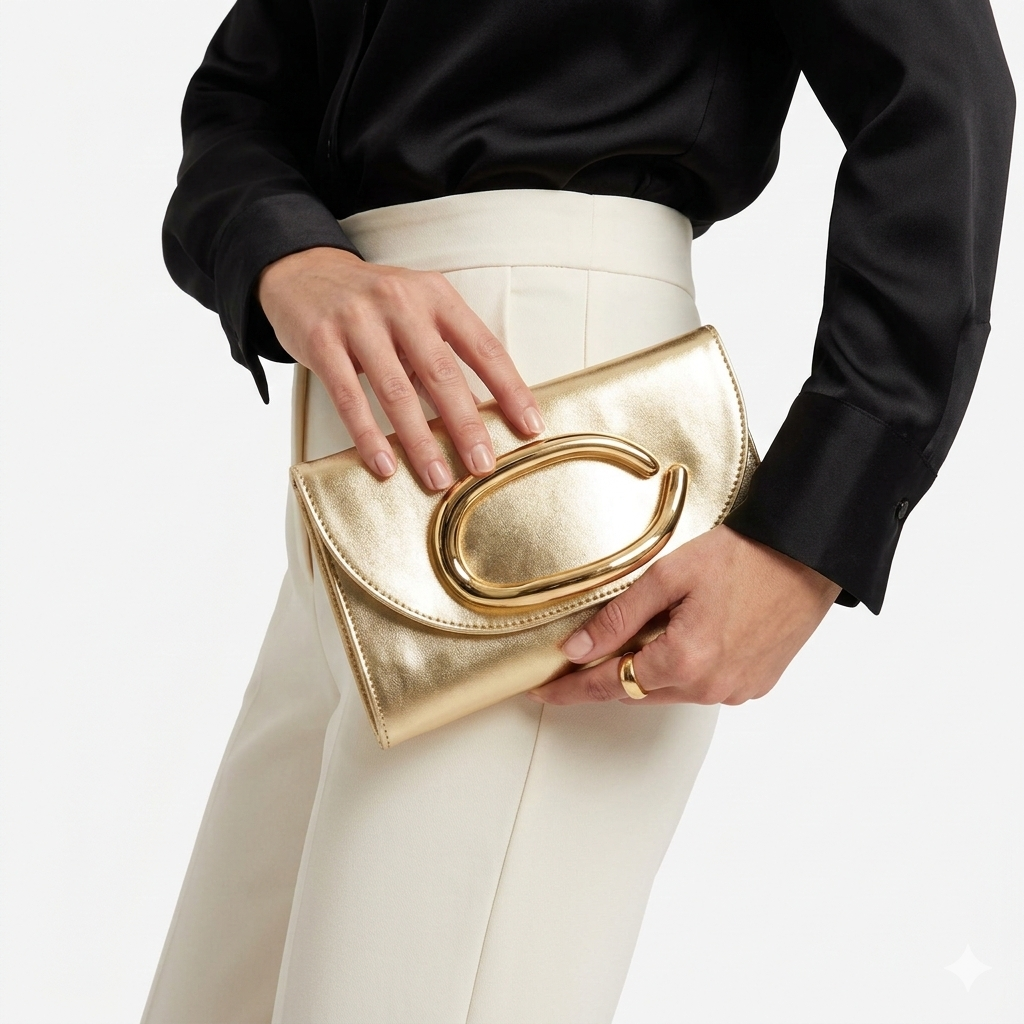 Metallic Gold Envelope Clutch with Sculptural Oval Handle 👜✨🌟