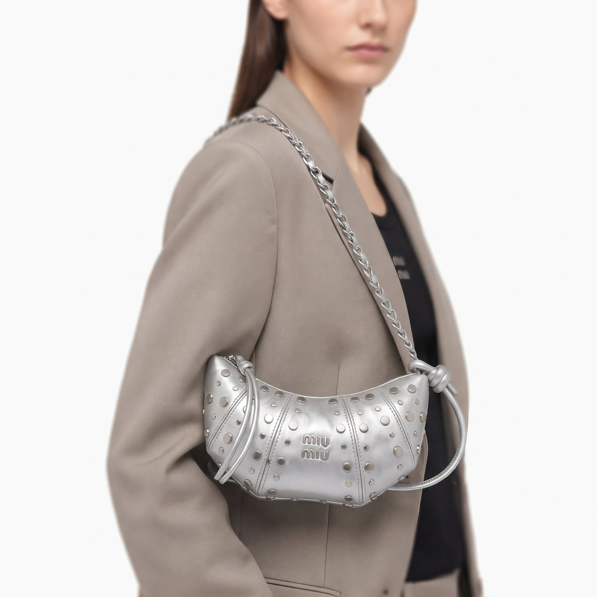 Studded Crescent Chain Shoulder Bag
