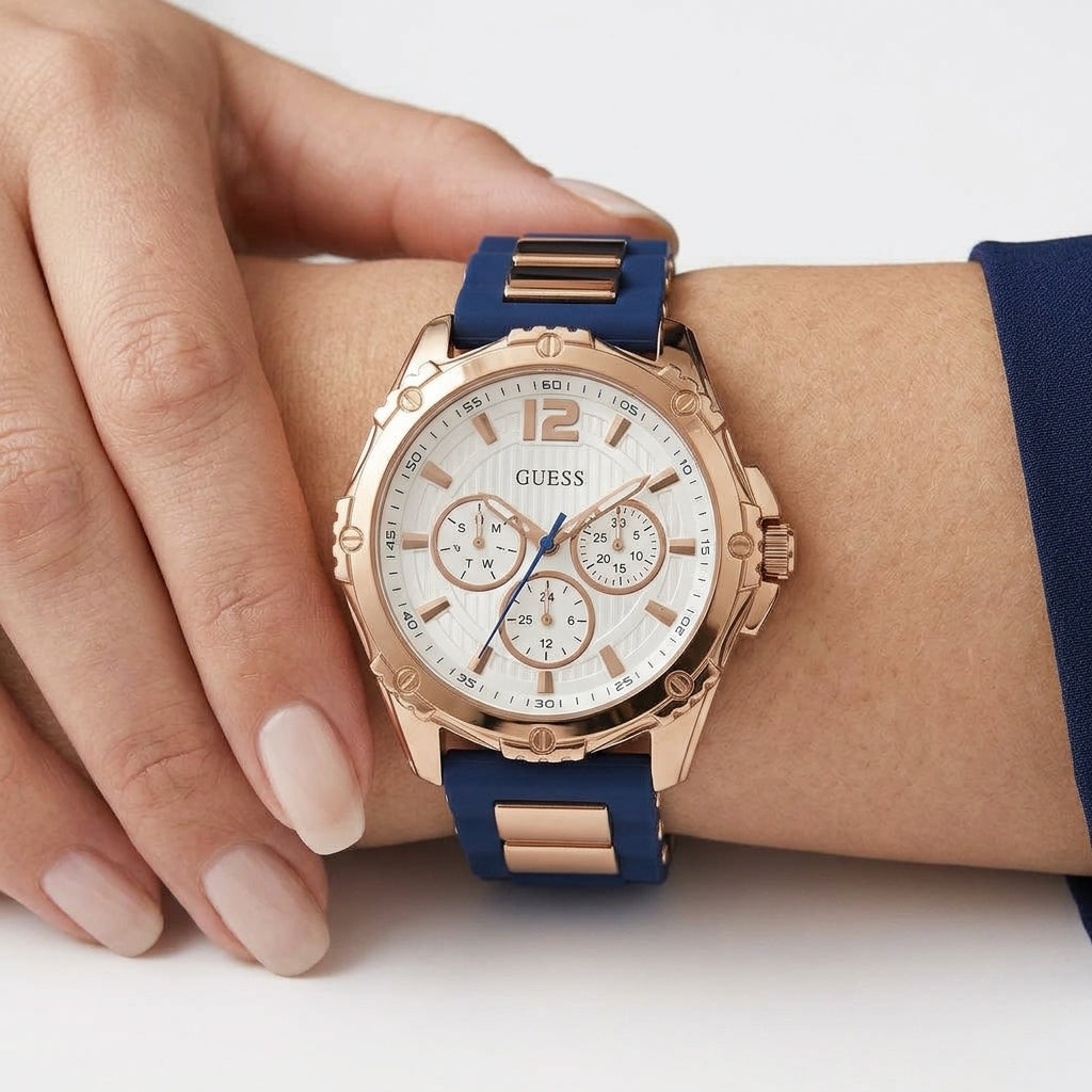 Guess Women's Blue Silicone Strap Watch with Rose Gold Accents
