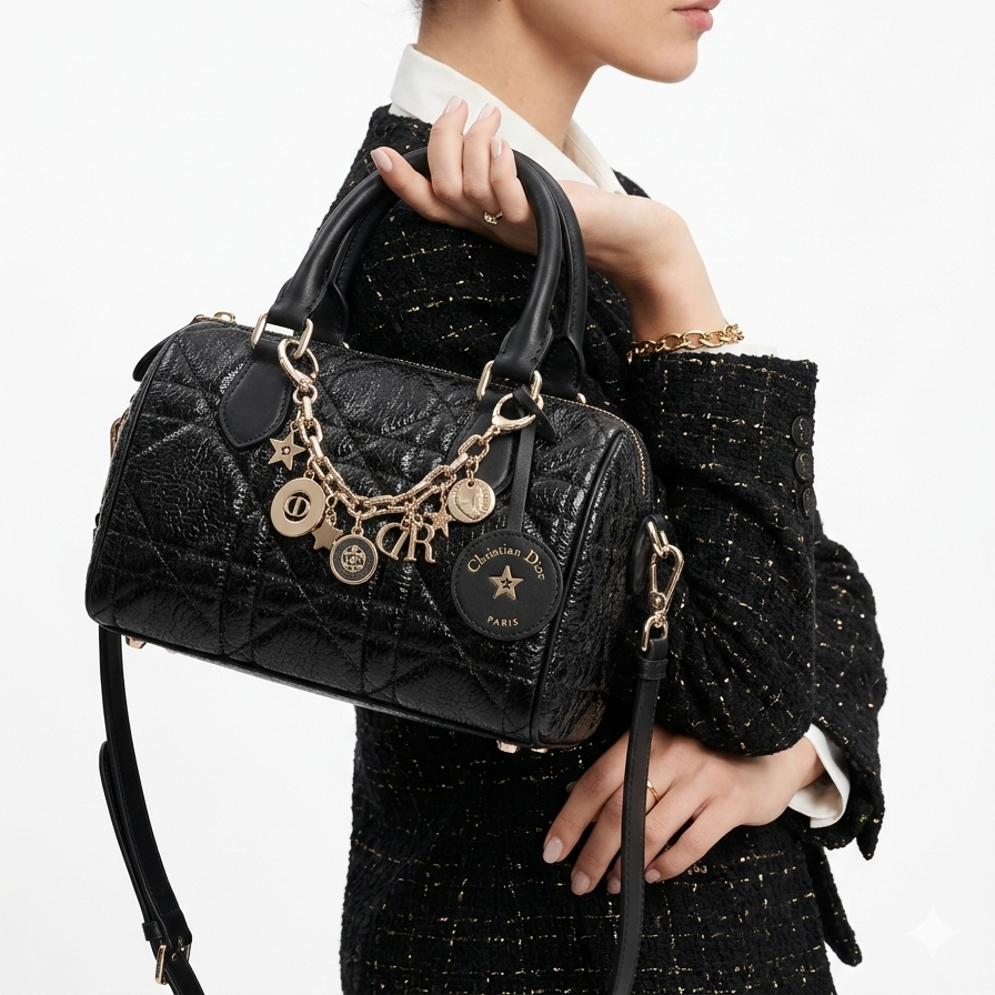 Dior Cannage Quilted Charms Bowling Bag 👜✨🖤