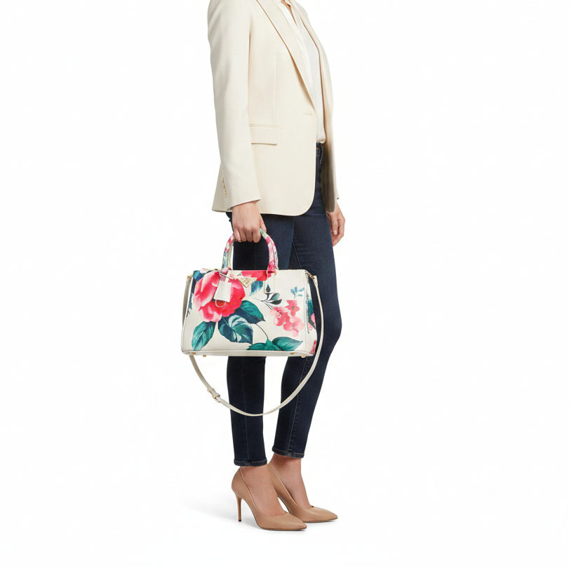 Prada Saffiano Floral-Print Double-Handle Tote Bag 🌸🌹👜