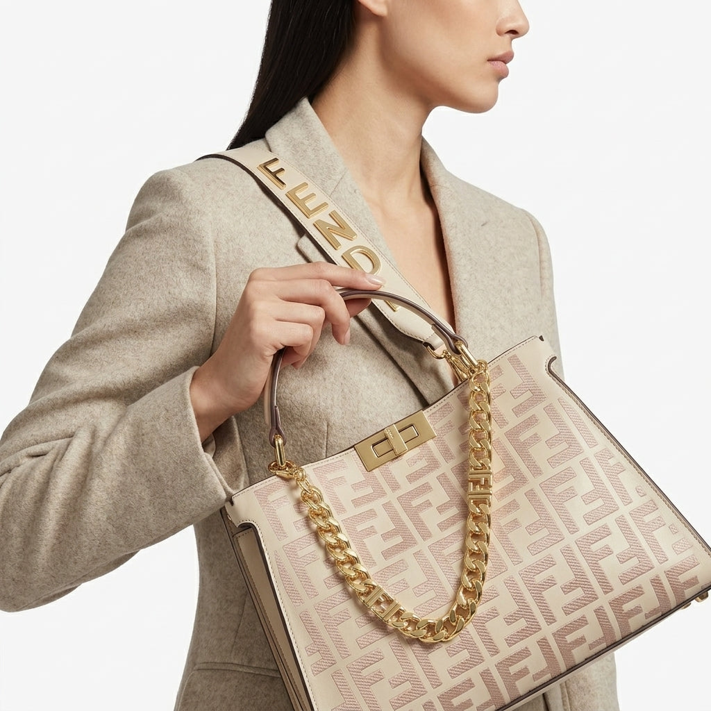 Fendi Beige Monogram Logo Chain Handbag