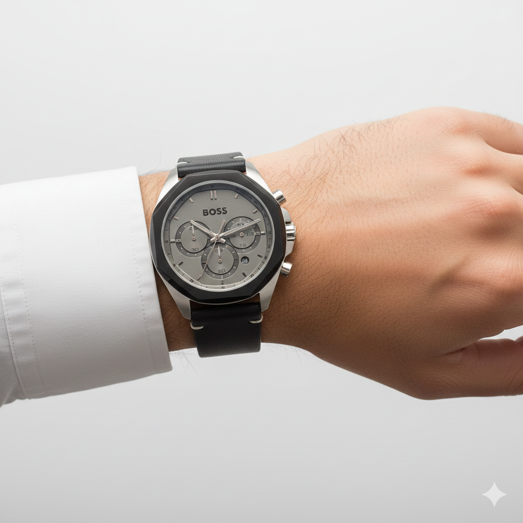 Hugo Boss Men's Steer Chronograph Watch with Black Leather Strap ⌚️👔🌑