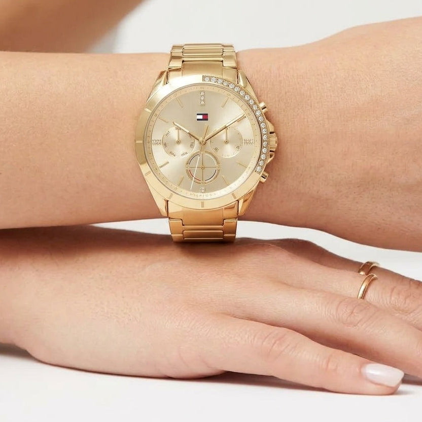 Tommy Hilfiger Gold Tone Crystal Embellished Multi Function Watch