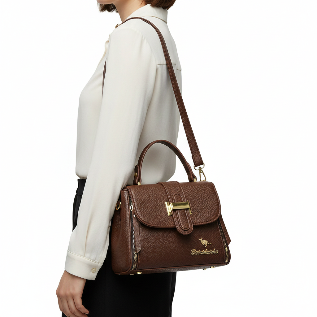 Balindaishu Brown Pebbled Leather Top-Handle Bag 👜✨🦘