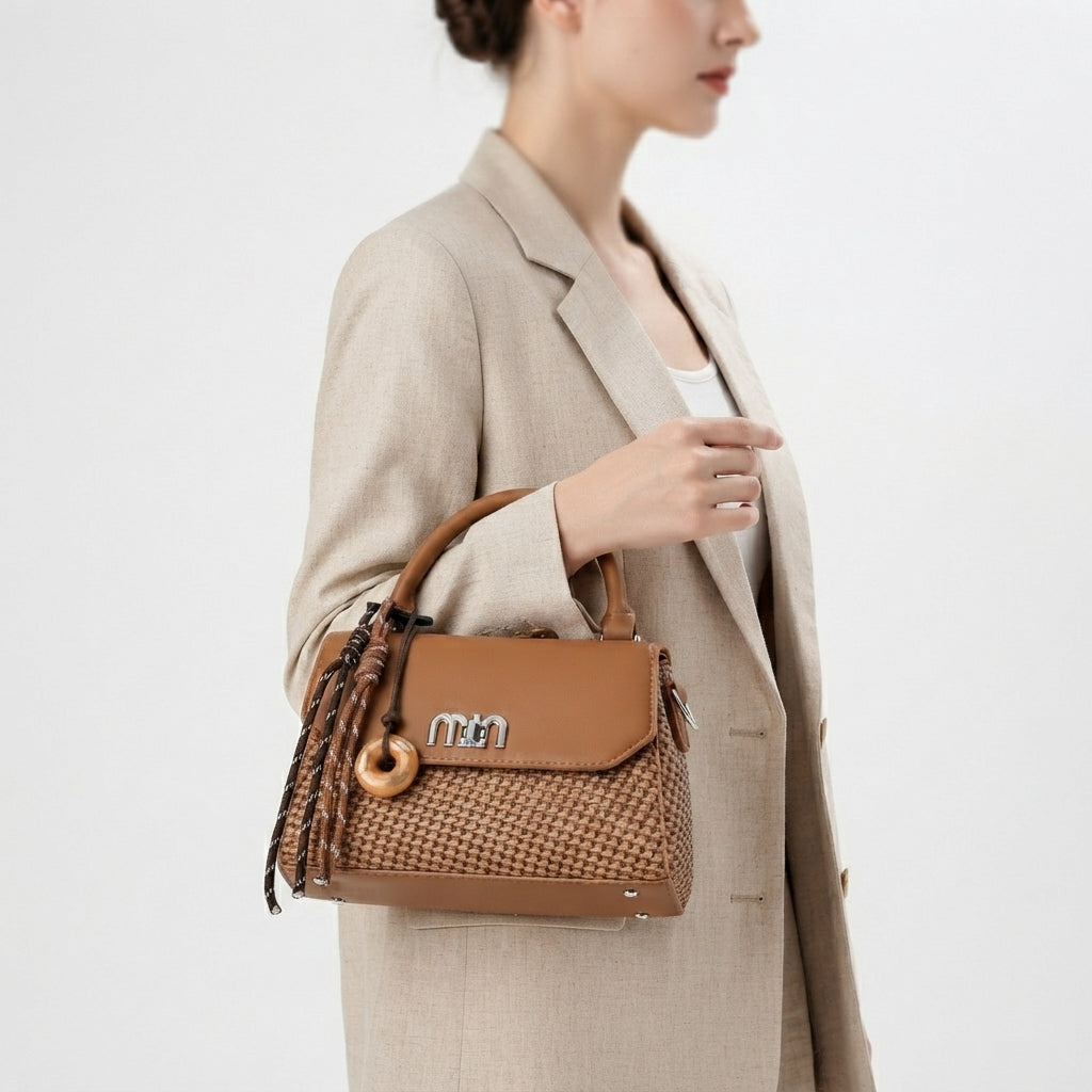 Woven Texture Flap Handbag with Donut Charm