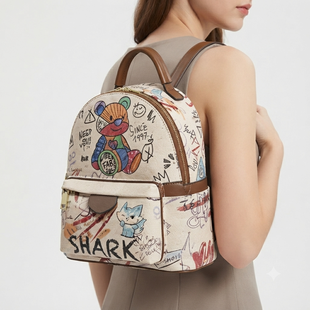 I.T GOLEDY Graffiti Print Mini Backpack with Playful Bear and Cat