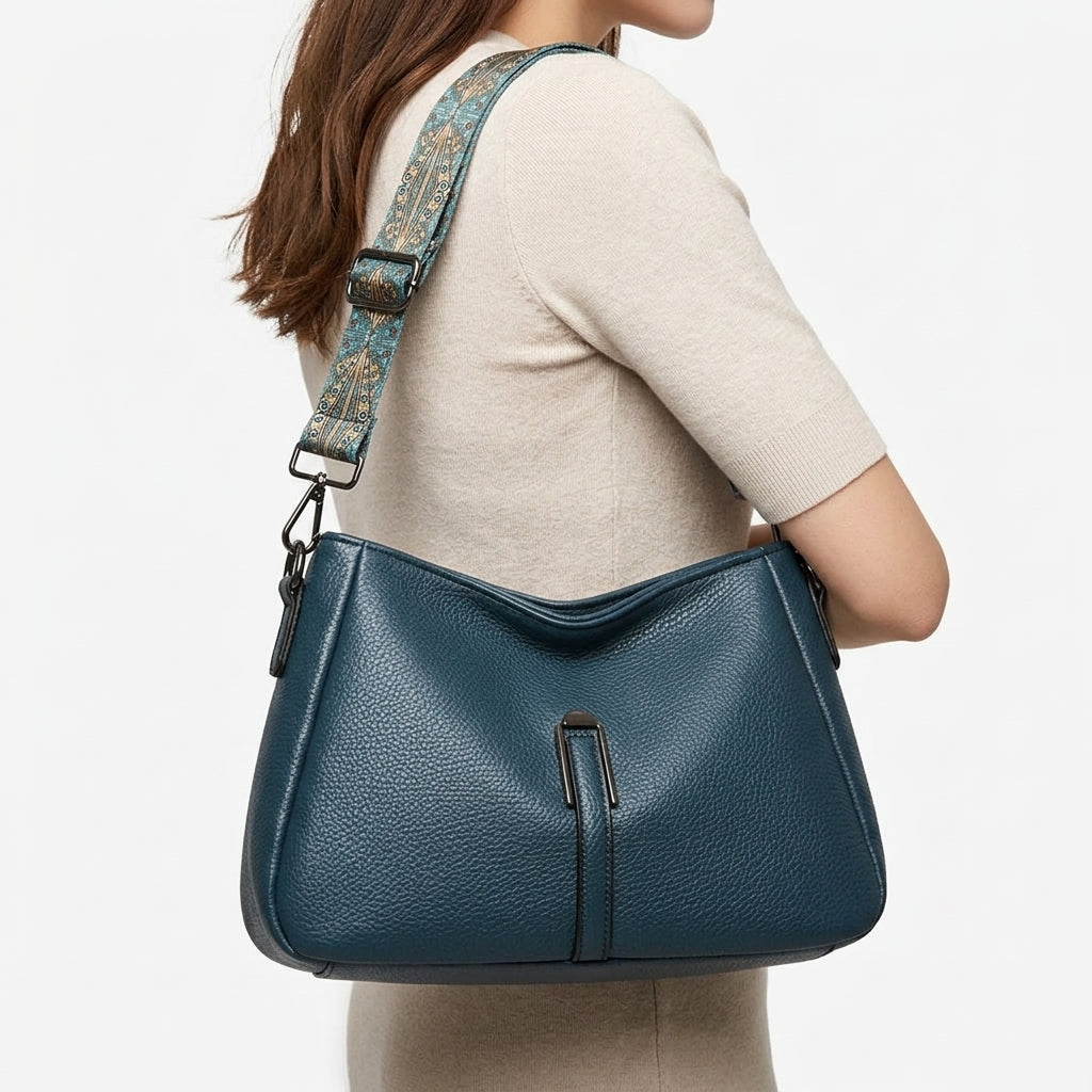 Textured Shoulder Bag with Patterned Strap