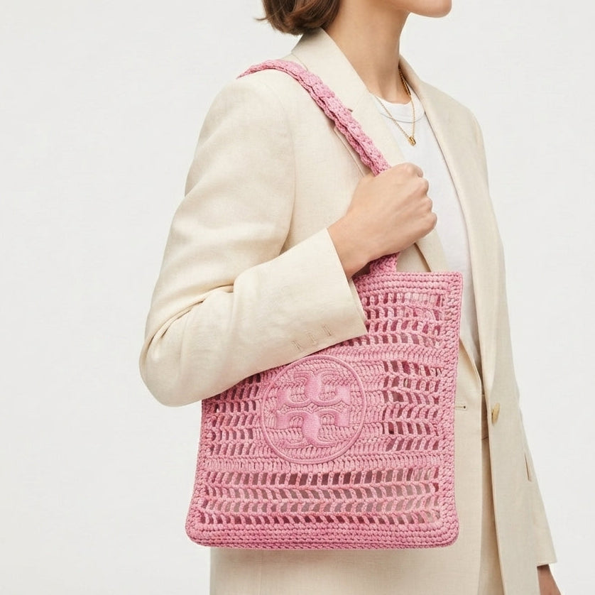 Tory Burch Woven Raffia Tote with Signature Circular Logo