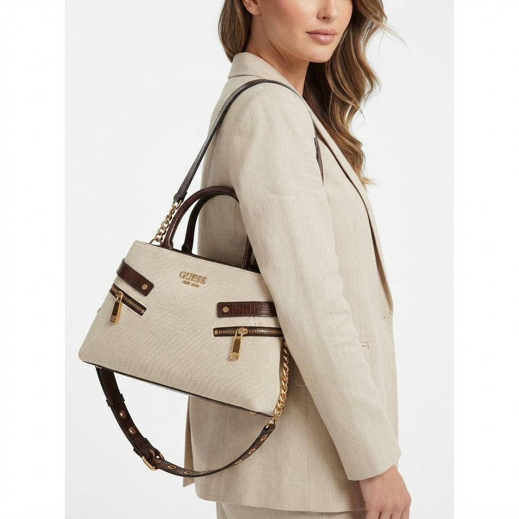 Guess Dual Zipper Structured Handbag with Detachable Strap