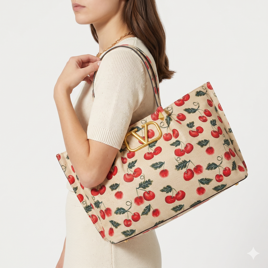 Valentino Cherry Print Tote Bag with Gold Tone V Logo 🍒✨