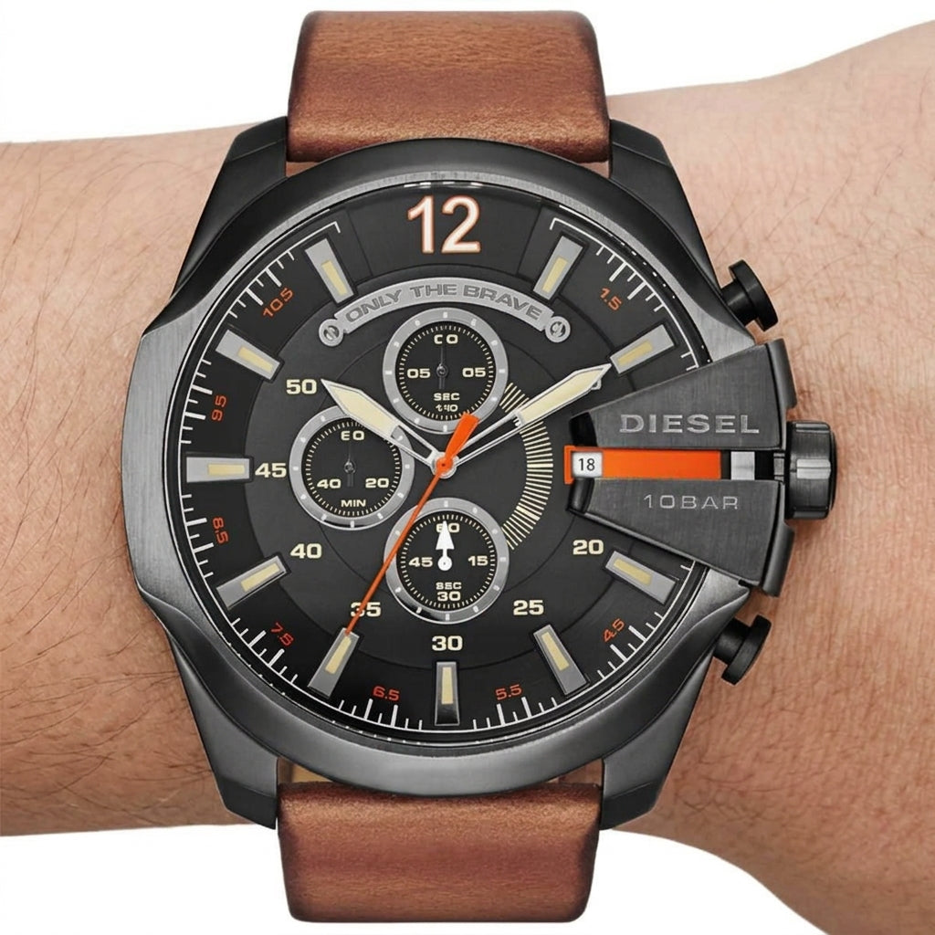Diesel Only The Brave Chronograph Black Dial Brown Leather Watch