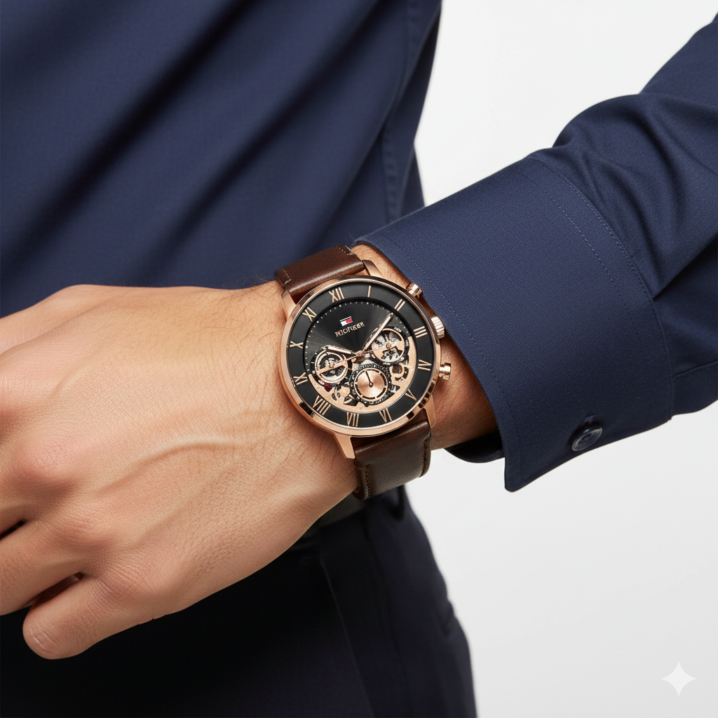 Tommy Hilfiger Men's Rose Gold Skeleton Dial Leather Watch ⌚✨💼