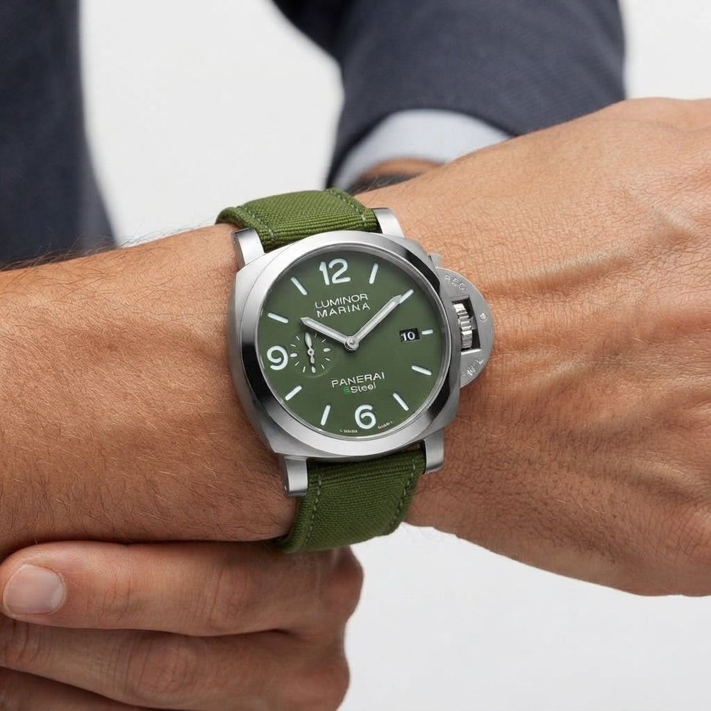 Panerai Luminor Marina eSteel Green Dial Fabric Strap Watch