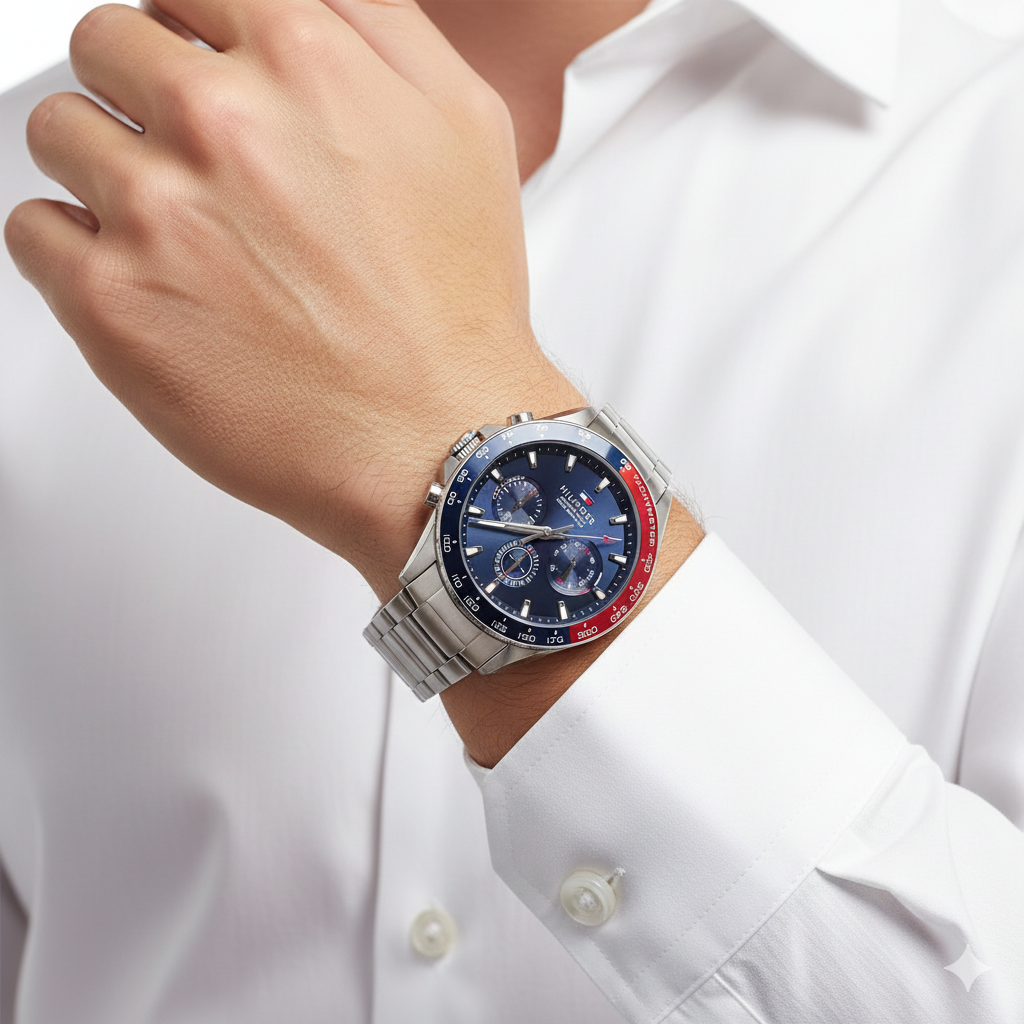 Tommy Hilfiger Men's Sport Watch with Navy and Red Tachymeter Bezel ⌚️🔹🏙️