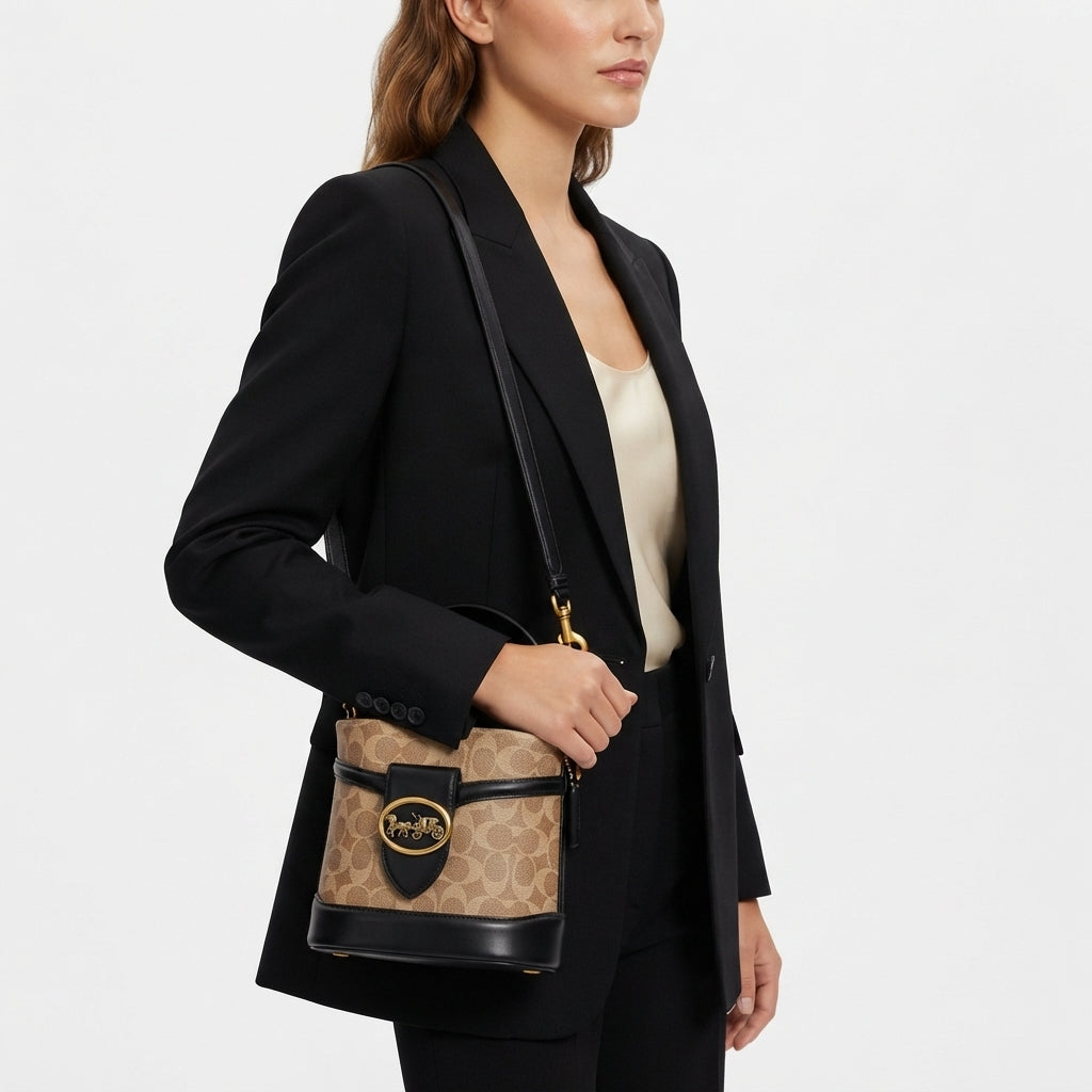 Coach Signature Logo Emblem Bucket Bag in Beige and Black