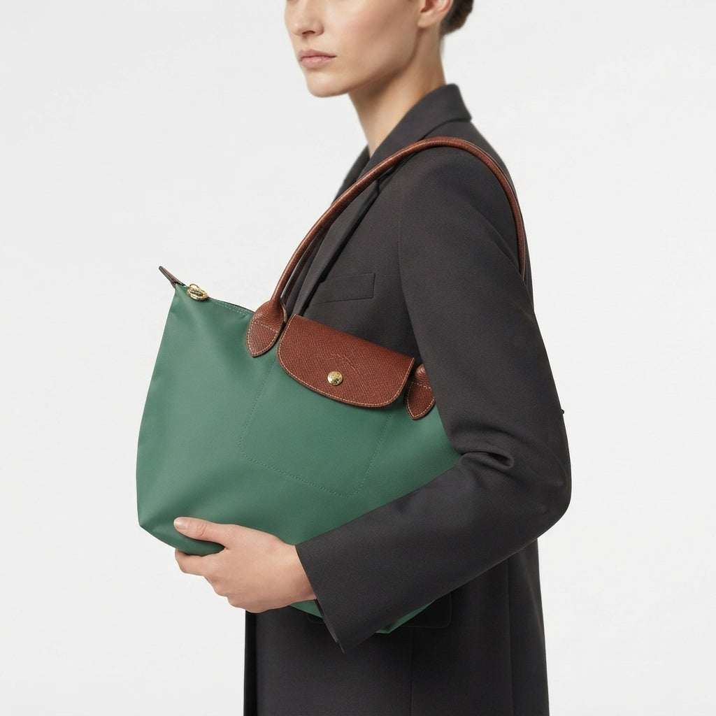 Longchamp Style Small Green Tote Bag with Brown Leather Trim