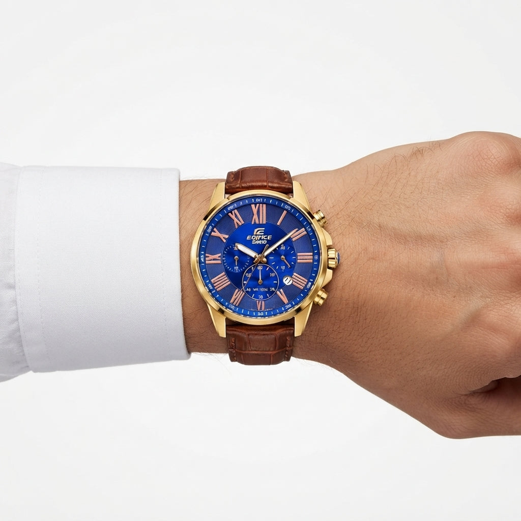 Casio Edifice Gold Tone Watch with Blue Dial and Leather Strap