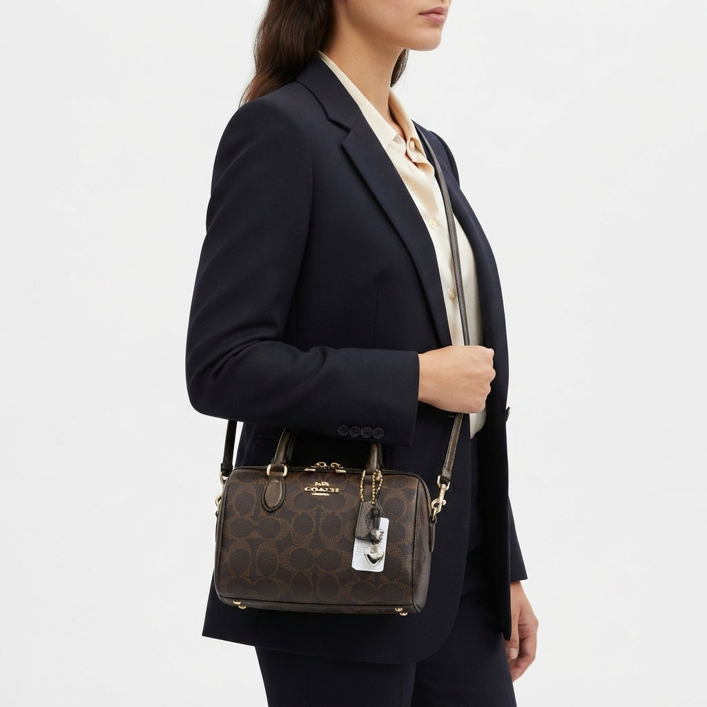 Coach Signature Monogram Mini Brown Barrel Bag