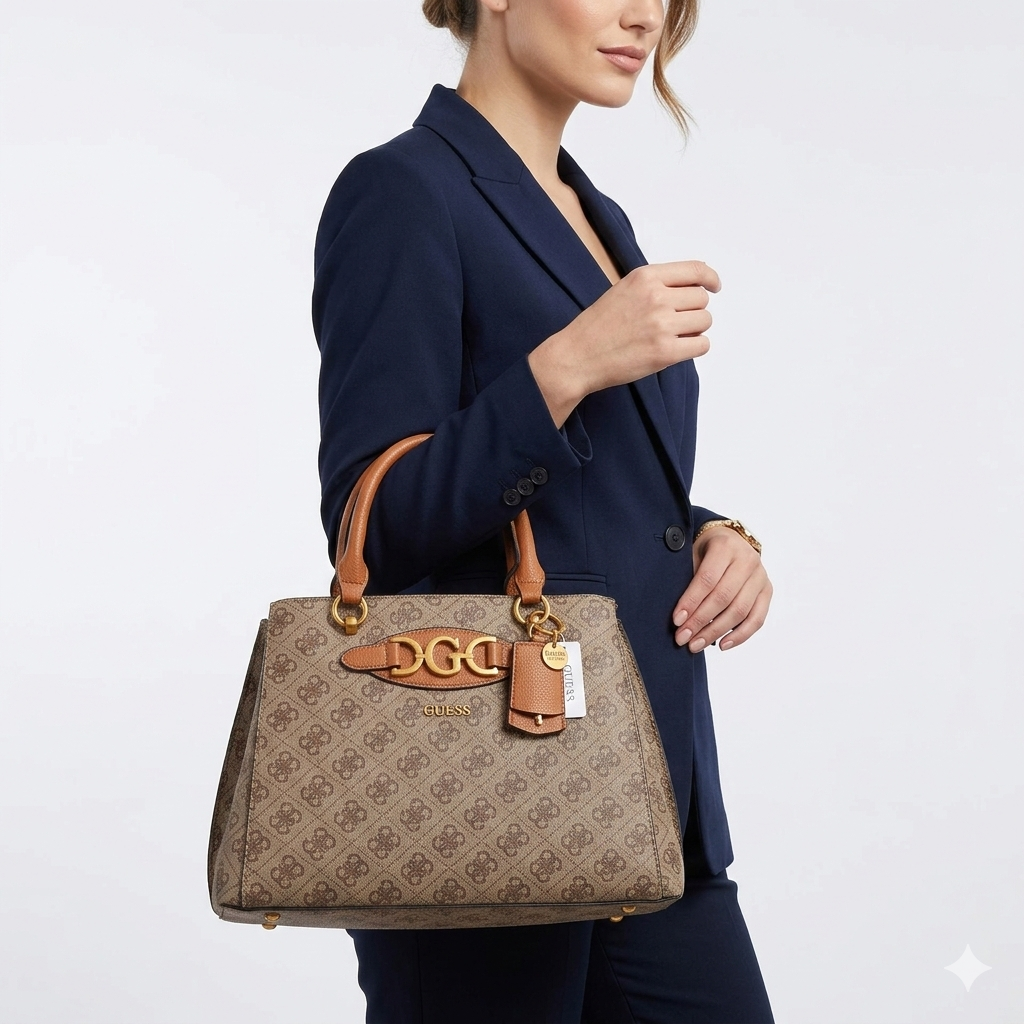 Guess Logo Monogram Satchel with Gold-Tone Hardware Detail 👜✨🤎