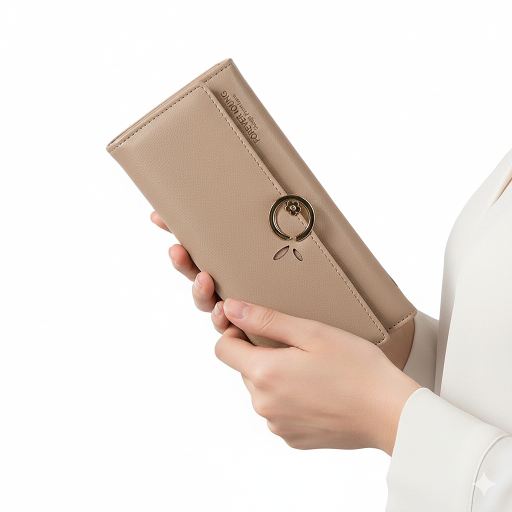 FOREVER YOUNG Elegant Taupe Long Wallet with Floral Ring 🌸✨👜