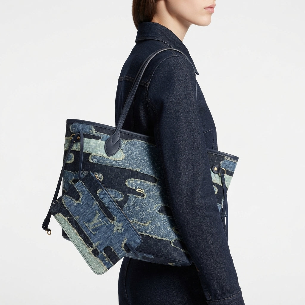 Louis Vuitton Denim Camouflage Tote with Matching Pouch