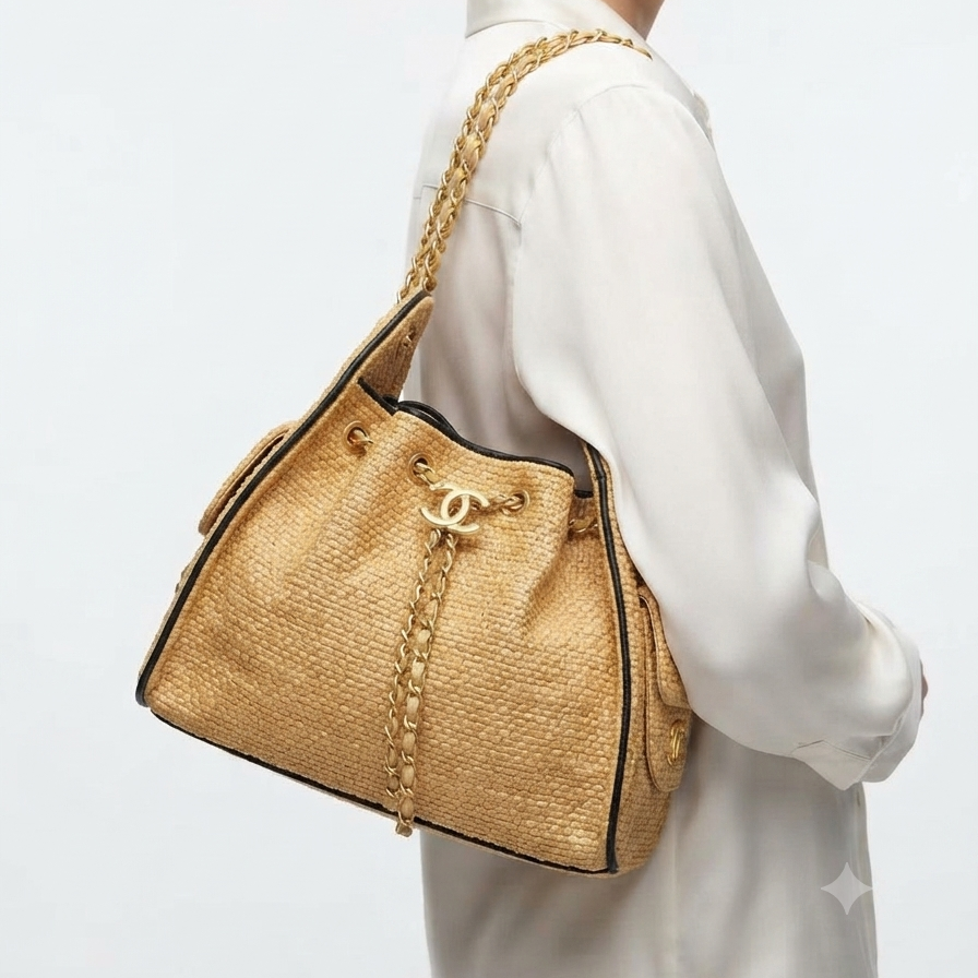 Chanel Woven Straw Bucket Bag with Gold-Tone Chain Details 👜✨