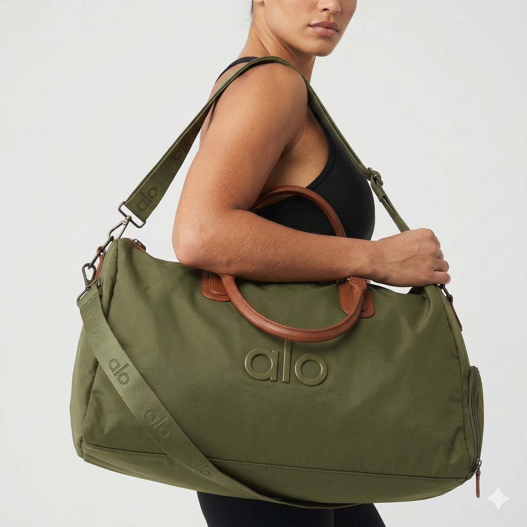 ALO Olive Duffle Bag with Brown Accents 🫒💼👜