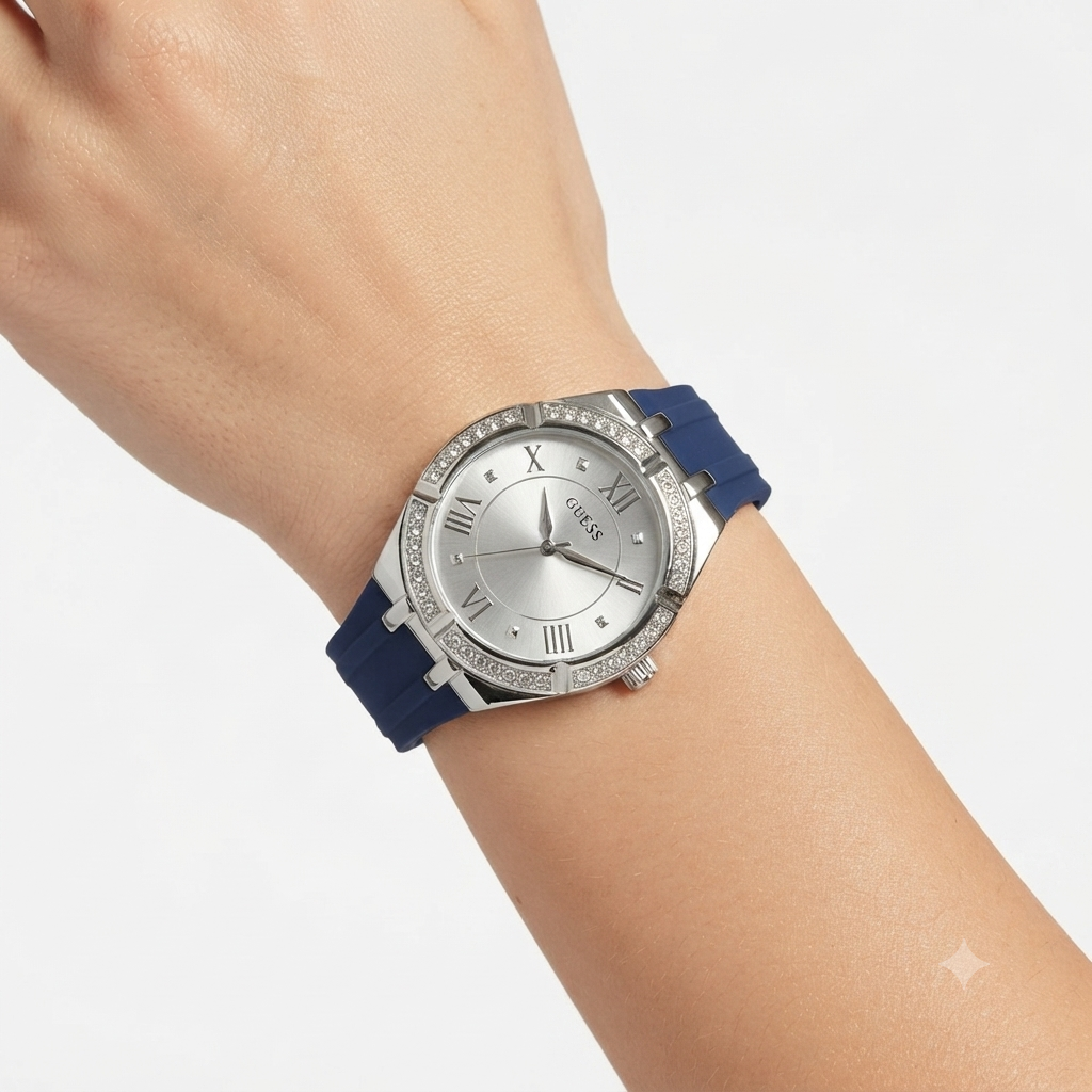 Guess Women's Crystal Bezel Blue Silicone Watch 💎⌚✨