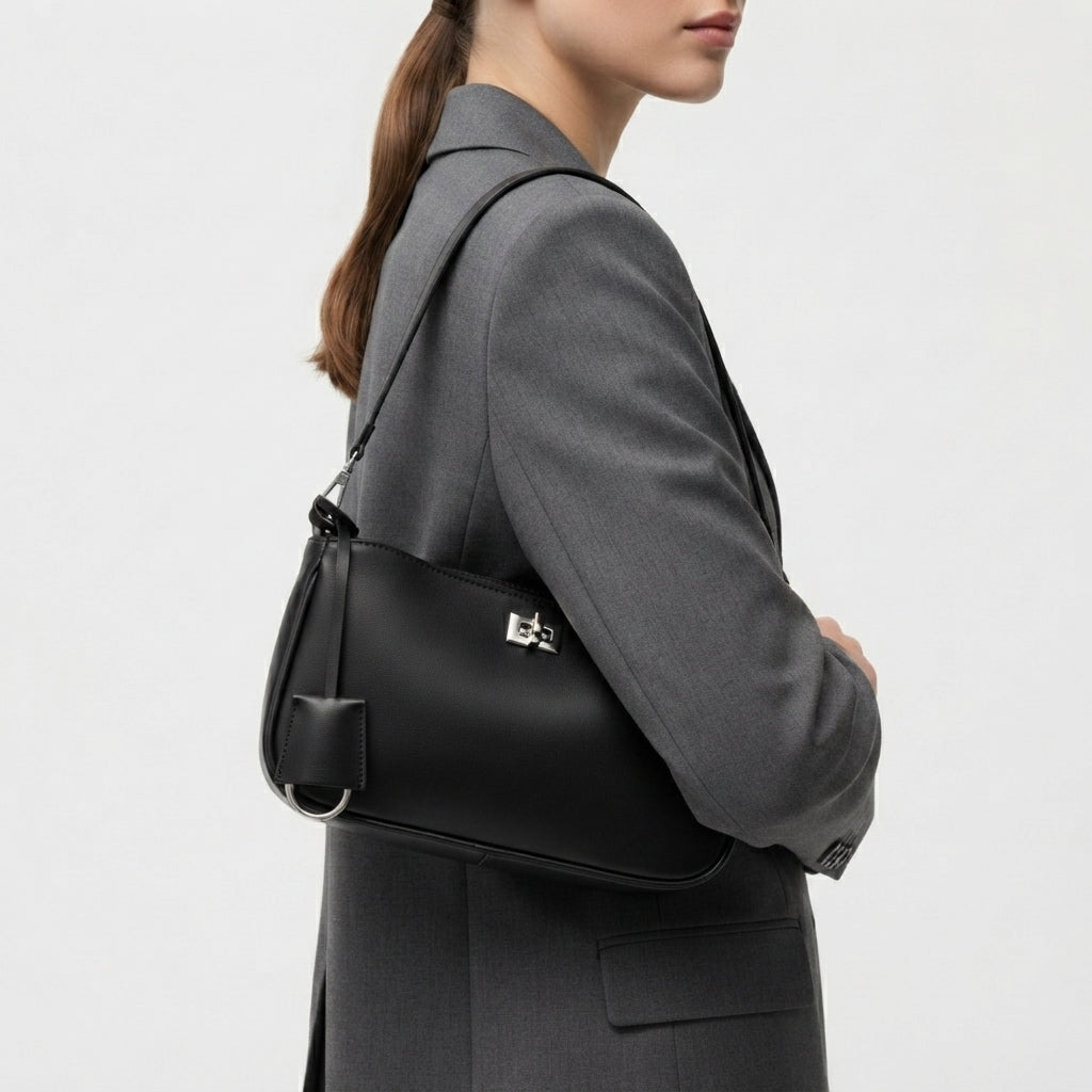Minimalist Black Shoulder Bag with Silver Hardware