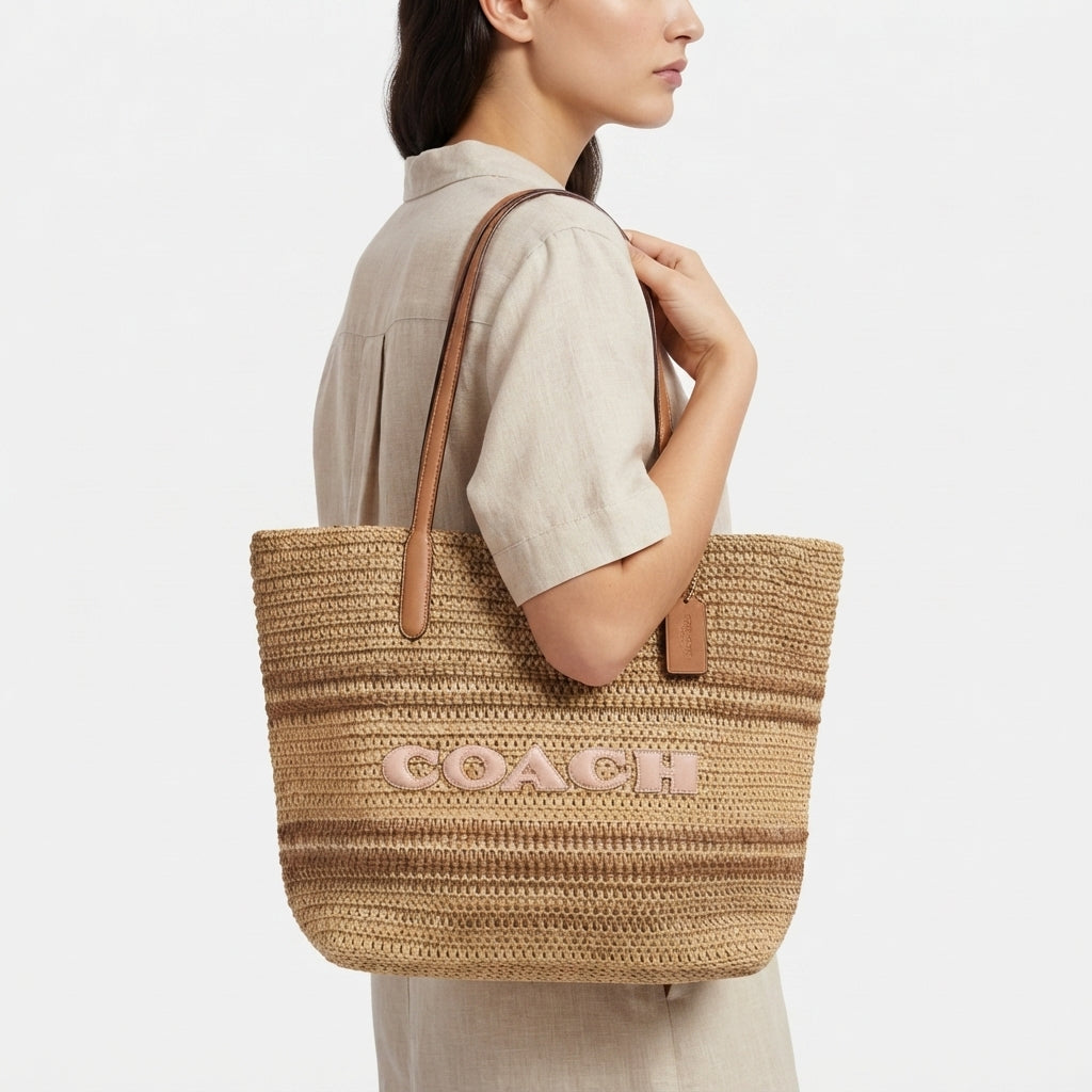 Coach Straw Tote Bag in Natural Beige and Brown