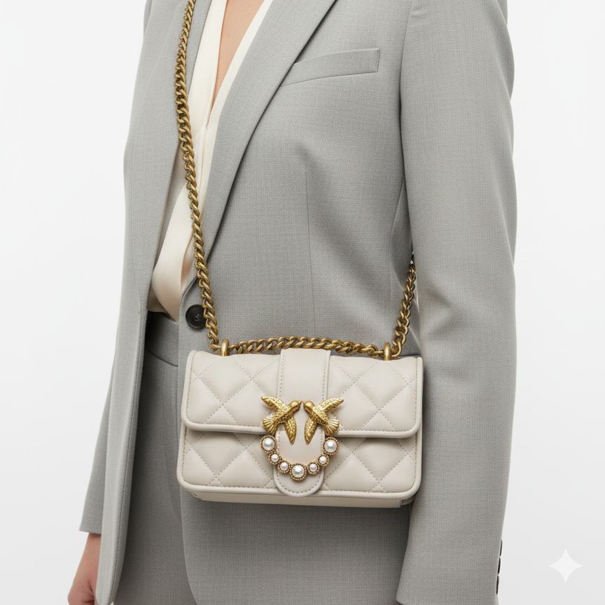 Pinko Love Bag Puff Quilted Leather Crossbody with Pearl Love Birds 🕊️✨👜