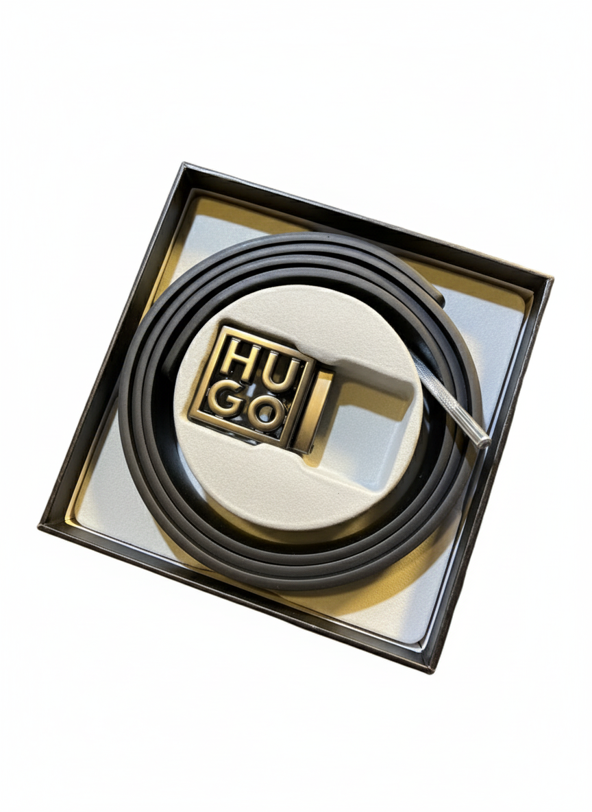 HUGO Bold Logo Black Leather Belt with Gunmetal Buckle ⚫️🔥🎁