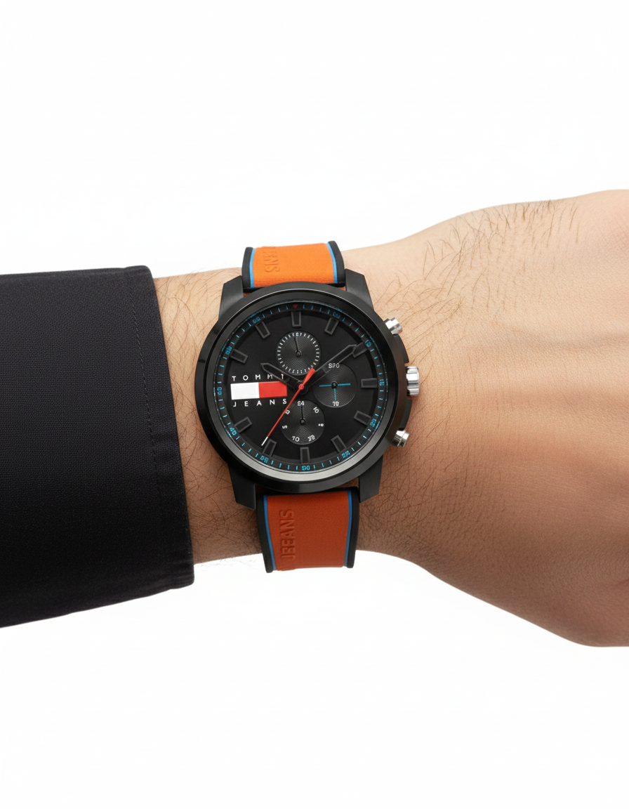 Tommy Hilfiger Jeans Men's Sport Chronograph Watch with Bold Orange Silicone Strap ⌚️🔥🧡