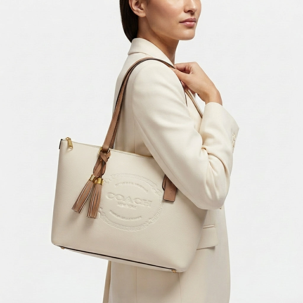Coach Signature Embossed PVC City Tote with Tassel Detail