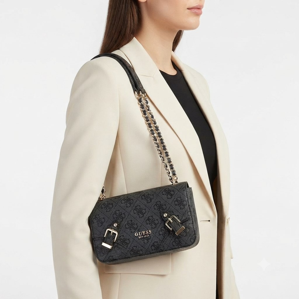 Guess Est 1981 Black Logo Crossbody with Gold-Tone Chain 🖤✨