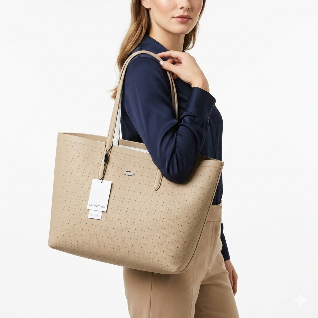 Lacoste Double Face Leather Bag 👜 Beige, White, BLack