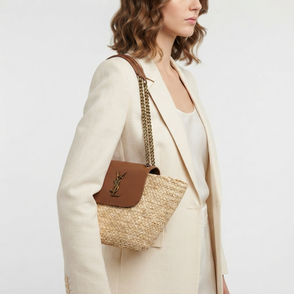 Saint Laurent Straw and Leather Chain Shoulder Bag