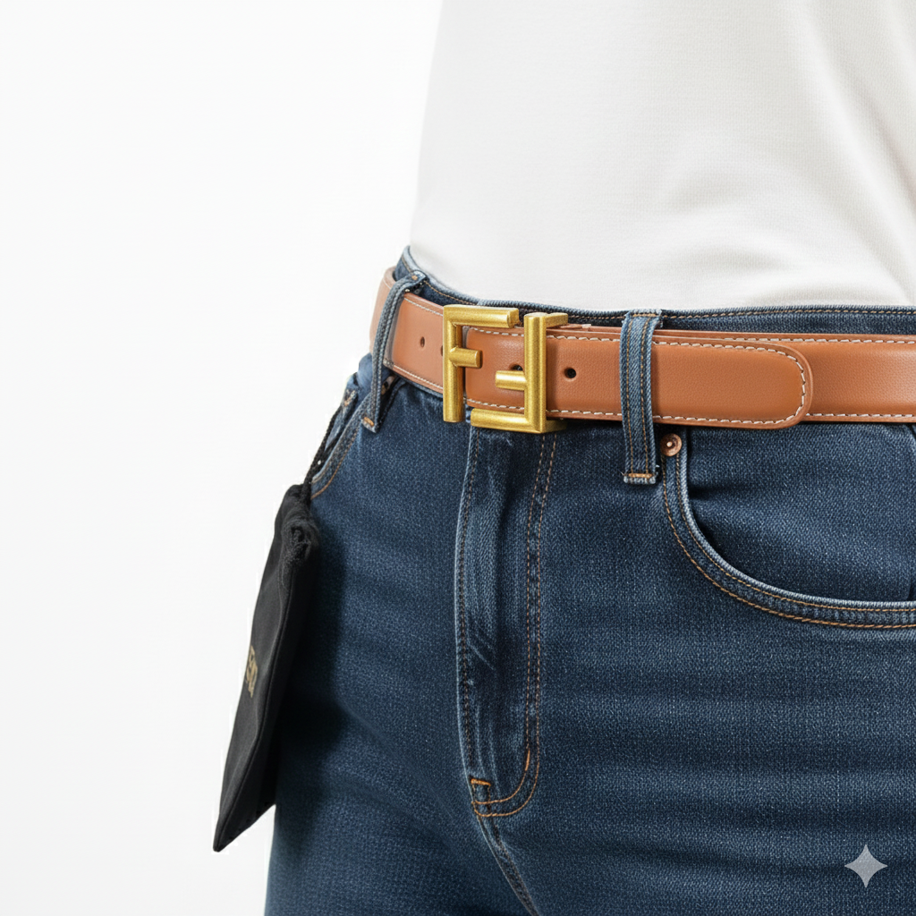 Fendi FF Motif Leather Belt in Tan and Gold 👜✨🏷️