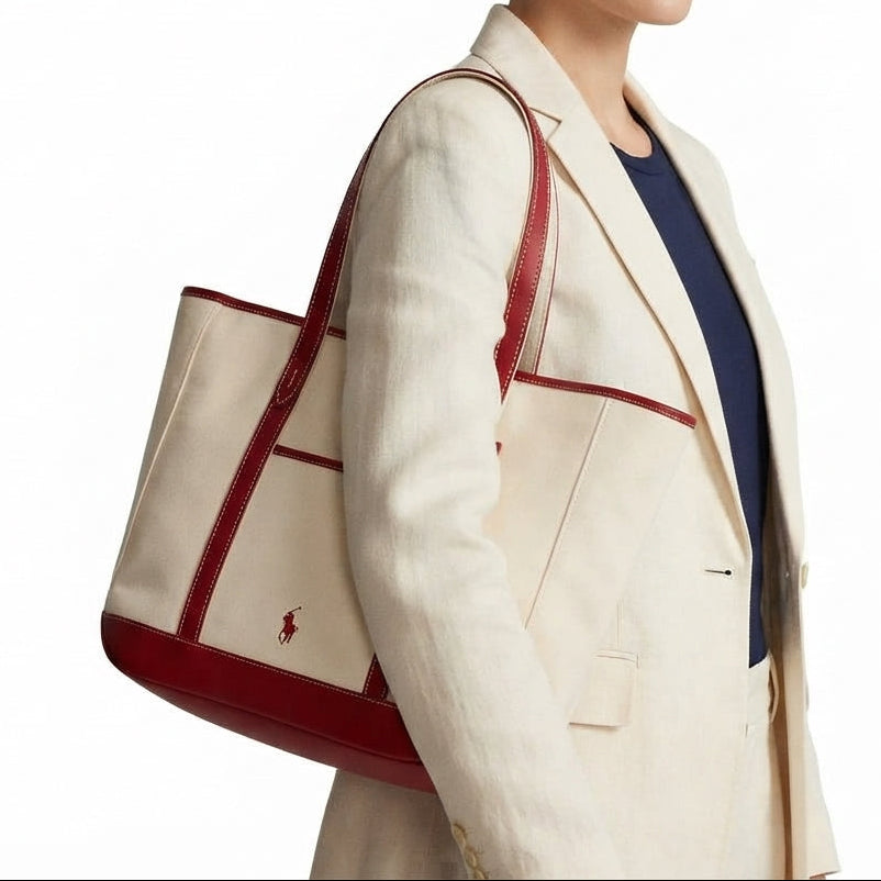 Polo Ralph Lauren Canvas and Leather Tote in Beige and Red