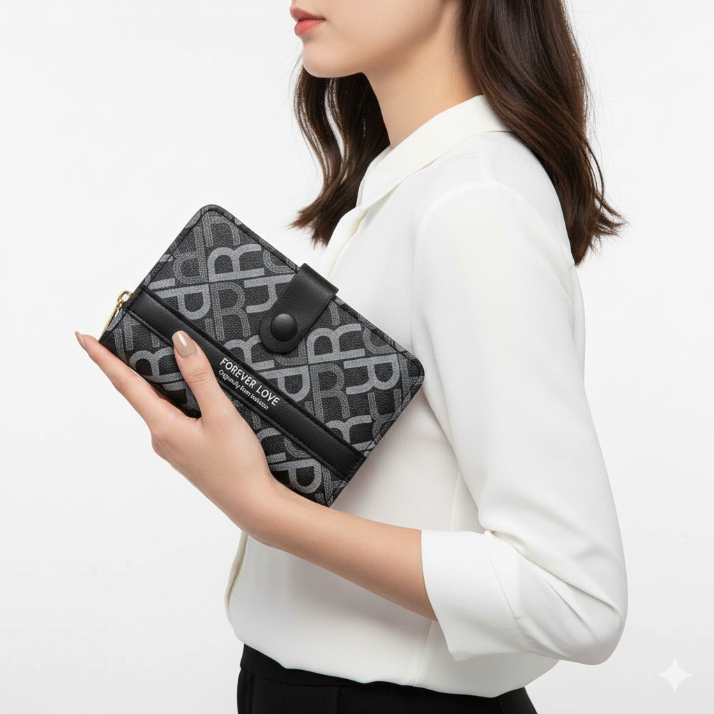 Forever Love Monogram Print Slim Bifold Wallet with Snap Closure 🖤👝✨