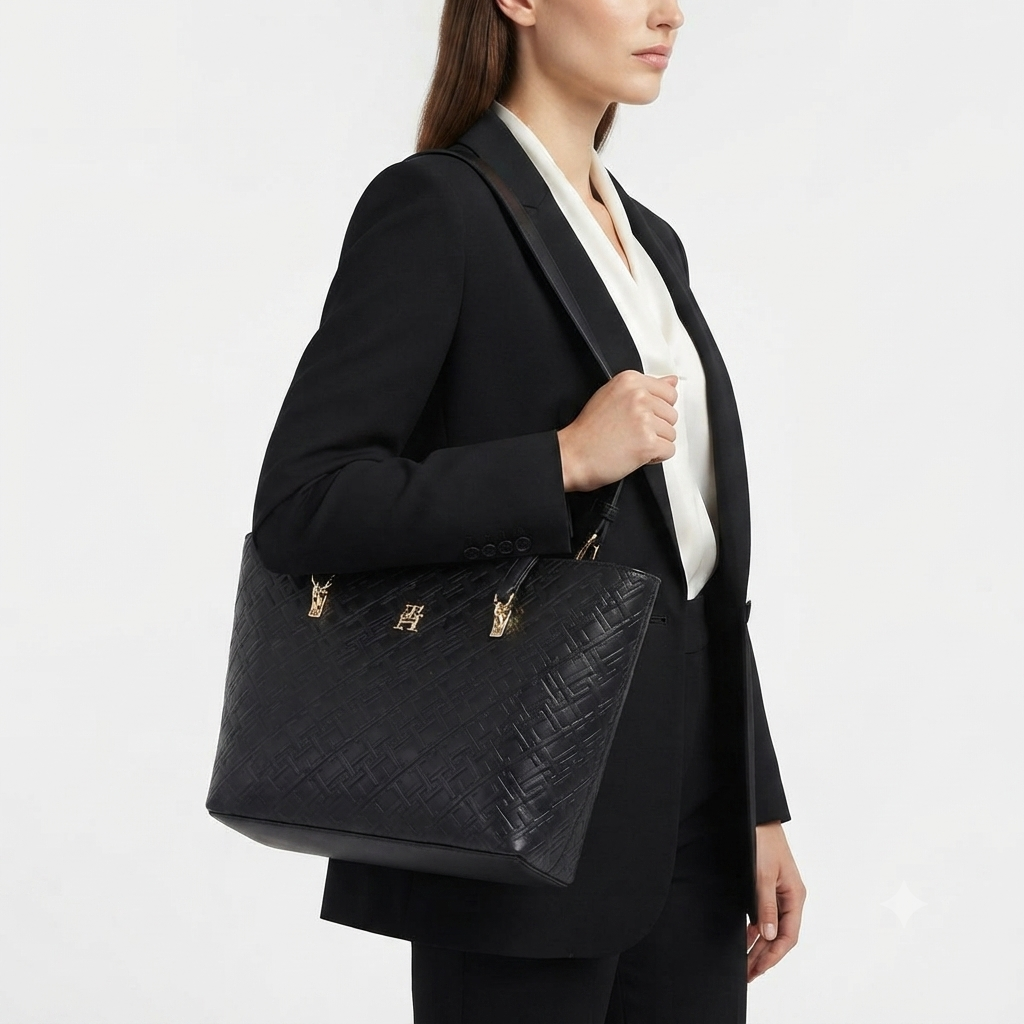 Tommy Hilfiger Black Monogram Tote with Gold-Tone Hardware 👜✨