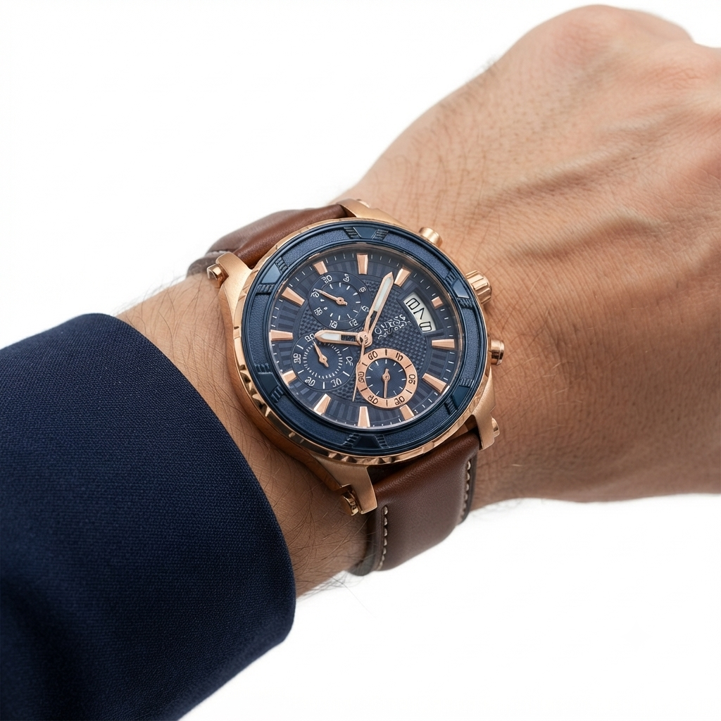 Guess Men's Blue Dial Rose Gold Chronograph Leather Watch