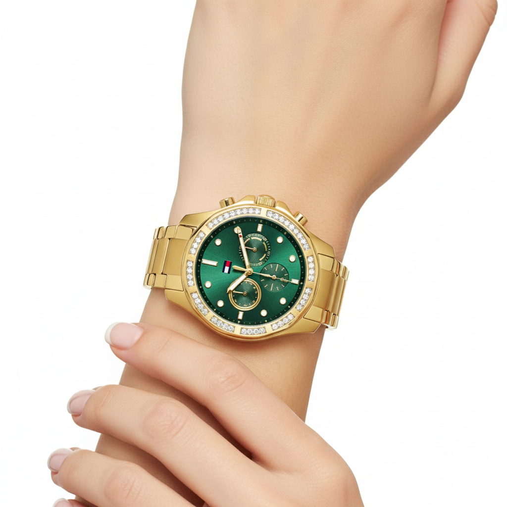 Tommy Hilfiger Gold-Tone Multi-Dial Watch with Emerald Face ⌚✨💚