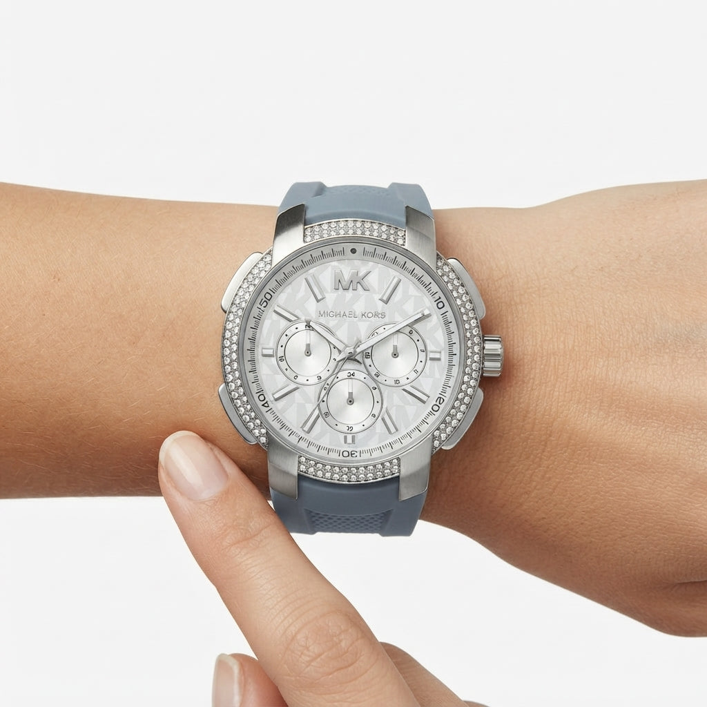 Michael Kors Blue Silicone Chronograph Watch with Crystal Bezel