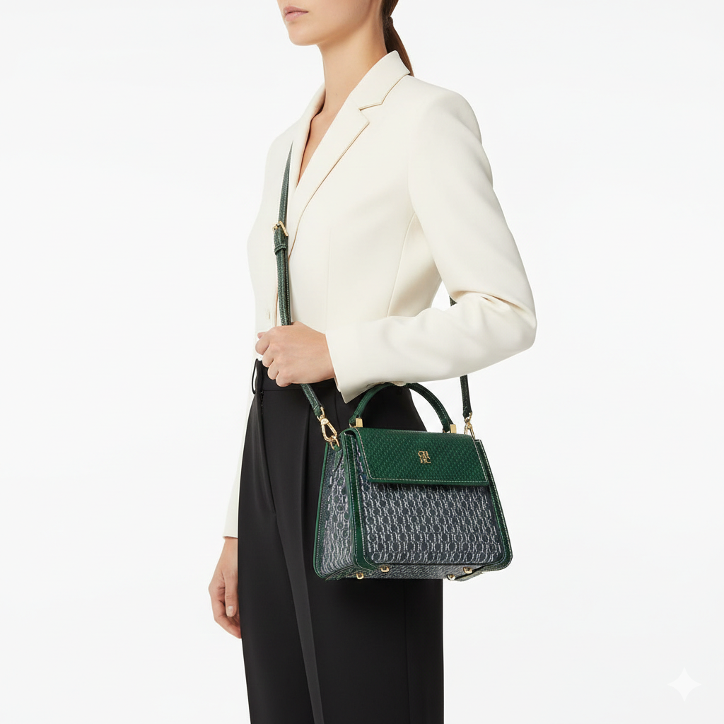 CH Carolina Herrera Initials Insignia Leather Satchel in Forest Green 👜✨🌲