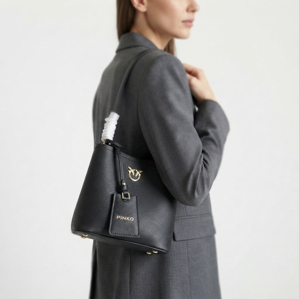 Pinko Black Structured Logo Bucket Bag