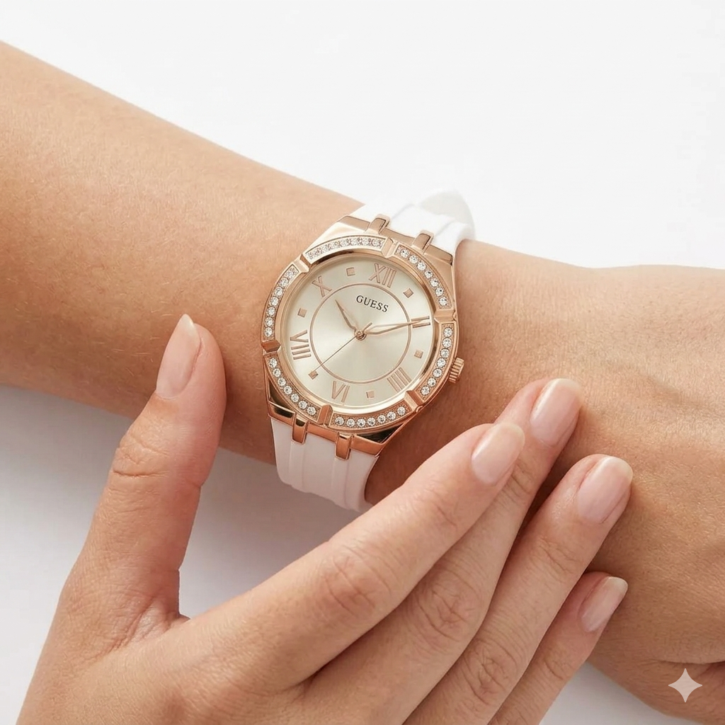 Guess Duchess Crystal Bezel Silicone Strap Watch ✨💎⌚