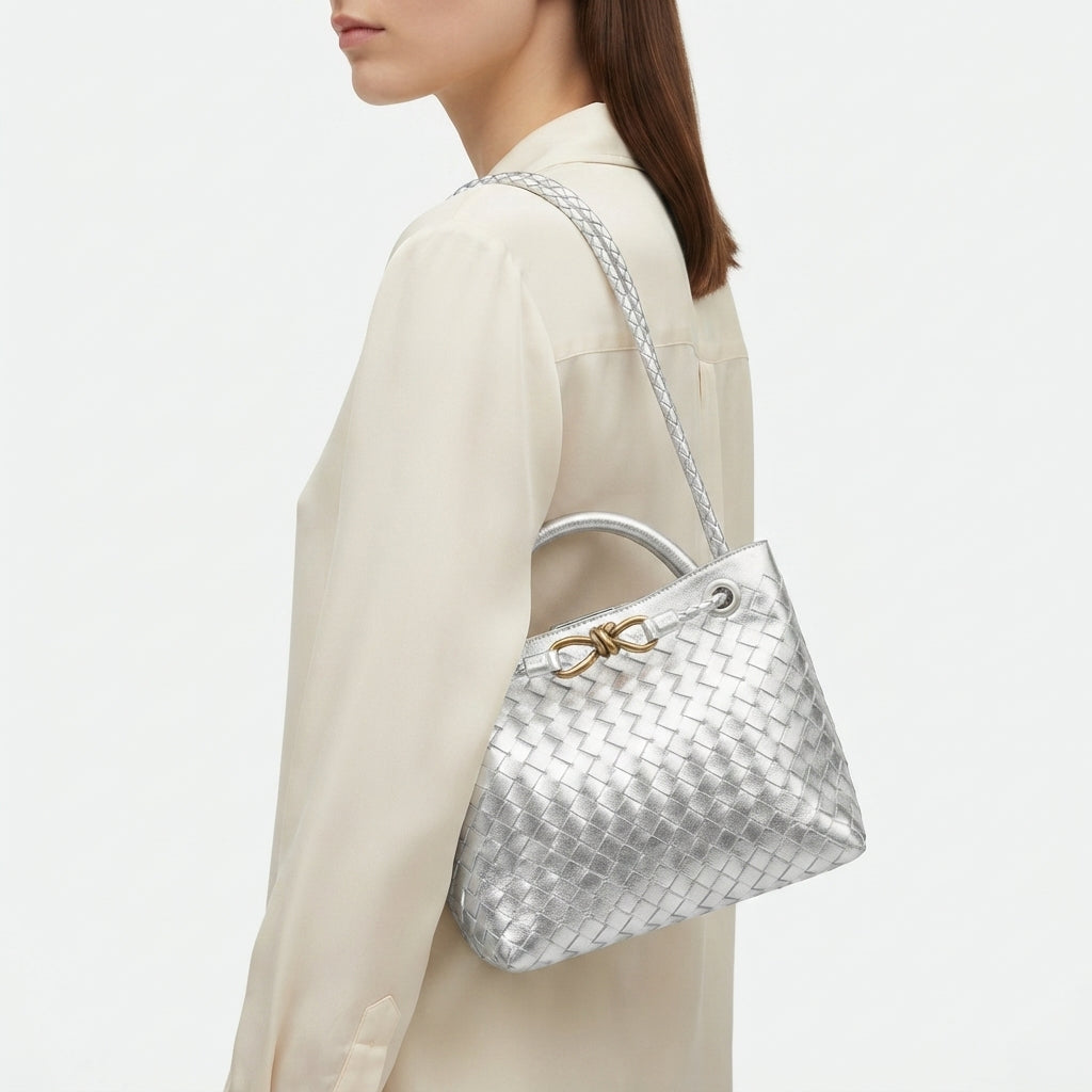 Bottega Veneta Style Metallic Woven Handbag